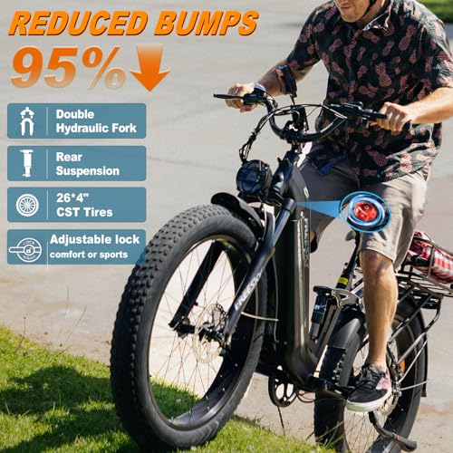FREESKY Electric Bike for Adults, 35MPH & 105Miles Max Range Ebike, 1600W Power Motor, 48V 25AH, Step-Thru Ebike 26'' Fat Tire Full Suspension with Air Rear Suspension - Thumbnail 4