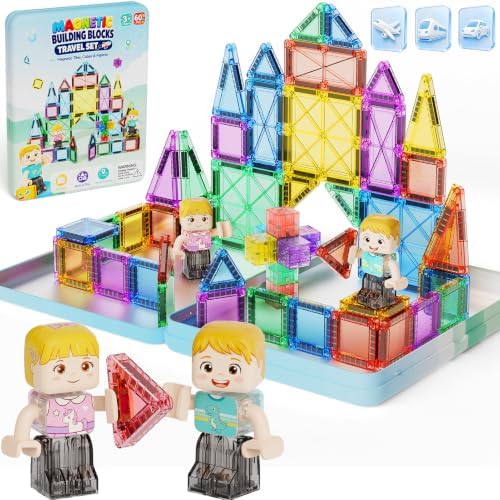 burgkidz Magnetische Bausteine Reiseset 60tlg für 2 Kinder ab 3 Jahren | Magnetbausteine in 3 Größen kompatibel, 2 Figuren Rollenspiel, ruhige Beschäftigung für Flugzeug Zug Auto,