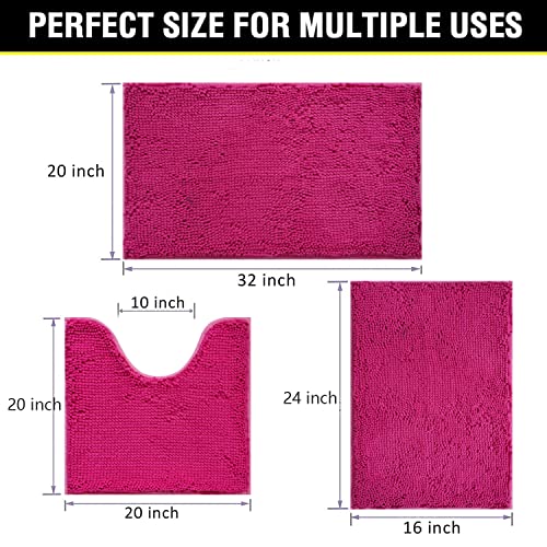 Image of Bathroom Rugs Chenille 3-Piece Extra Soft and Absorbent Shag Bathroom Rugs, Machine Wash Mat, Strong PVC Non-Slip Underside, Plush Carpet Mats (Rose Red)