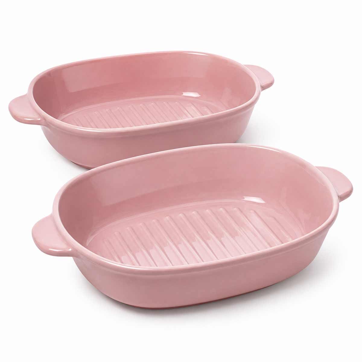 Matte Pink Ceramic Baking Dish, Rectangular Casserole with Ribbed Griddle Bottom and Handles, 6.1 cm Deep, Set of 2