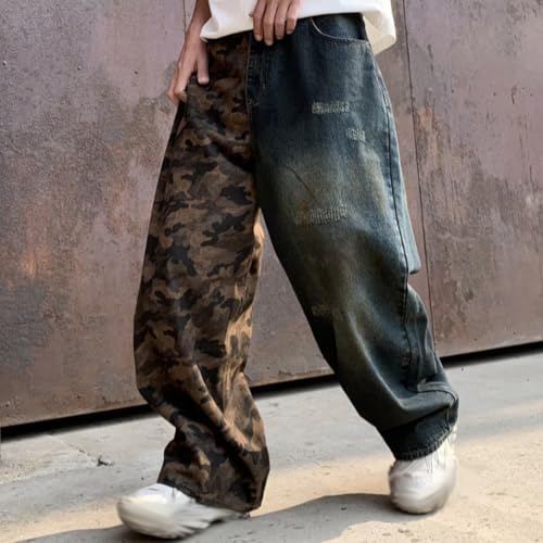 XYGJZ Mens Wide Leg Distressed Denim Pants Patchwork Camo Print Hip Pop Jeans2