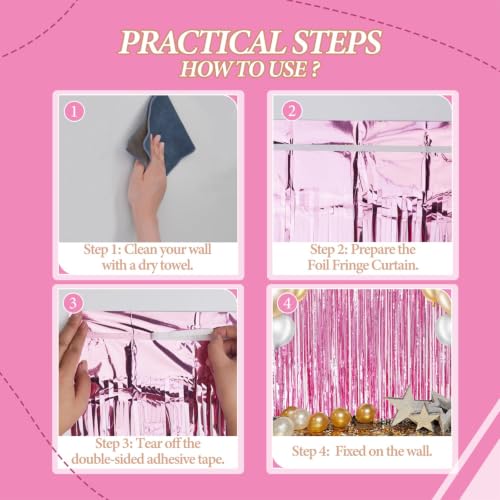 Image of DECOCKRAT 3 Pack Foil Fringe Backdrop - Pink Shiny Tinsel Curtains for Party Decoration /Photo Booth Props - 3.3x8.2 FT Metallic Foil Backdrop for Birthday, Wedding, Graduation, Christmas.
