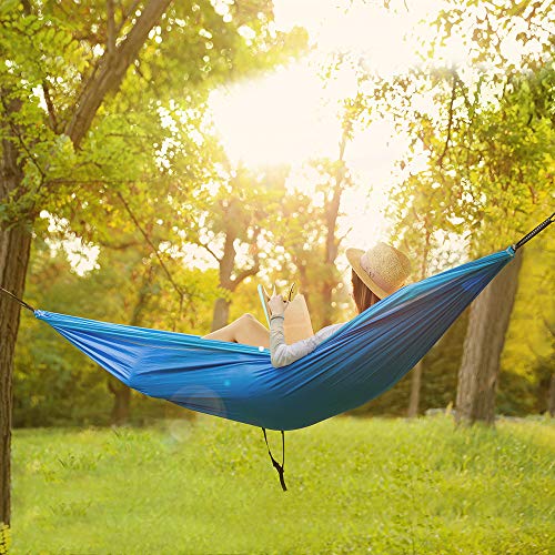 DEERFAMY Single Hammock Camping Hiking Hammock, Easy Set Up, Hold Up to 440lbs with Adjustable Tree Straps for Adult, Hamaca for Backpacking Backyard Patio Swing Blue - Image 3