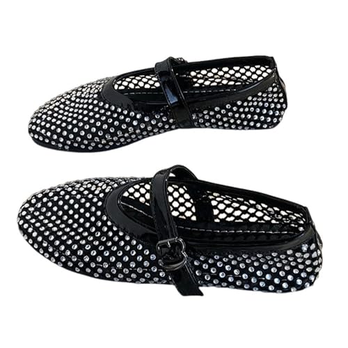 Rhinestone Mesh Ballet Flats for Women, Sparkly Ballet Flats with Buckle Strap, Crystals Mesh Flats for Women