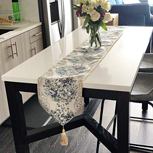 Table Runner Blue 83 Inch European Style Table Runners for Dining Room with Tassels Manual Gold Thread Luxury Classy Embroidery Floral Runner for Coffee Table Piano Dresser Hotel Home Decorations