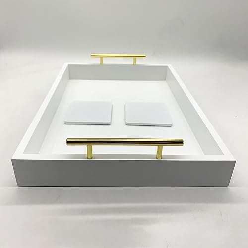 Miniatura 2 de Bandeja de servir, bandeja de lujo para mesa de café con asas de metal dorado pulido y 2 posavasos, organizador de sala de estar, baño, bandeja