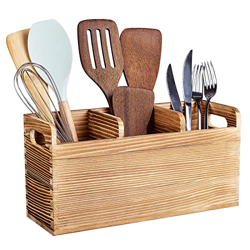 RedCall Farmhouse Utensil Holder for Kitchen Counter,Solid Wood Cooking Utensil Organizer,3 Compartments Large Kitchen Utensil Holder for Countertop,Rustic Spoon Holder Kitchen Tools Storage Caddy Decoroon Holder Kitchen Tools Storage Caddy Decor (3 