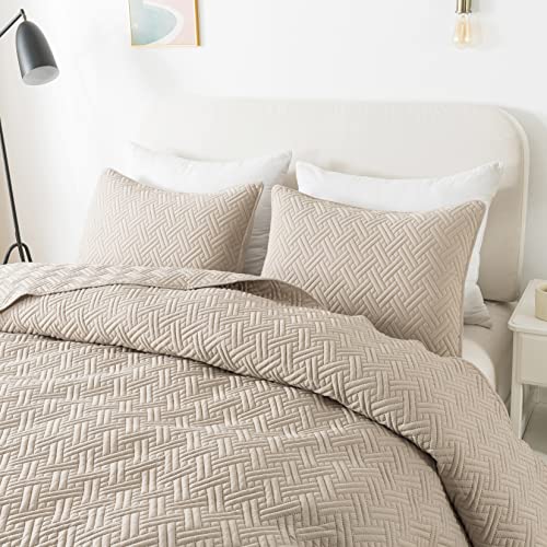 Beige Quilts Queen Size Bedding Sets With Pillow Shams, Tan Cream Lightweight Soft Bedspread Coverlet, Quilted Blanket Thin Comforter Bed Cover, All Season Summer Spring, 3 Pieces, 90X90 Inches #TOP6