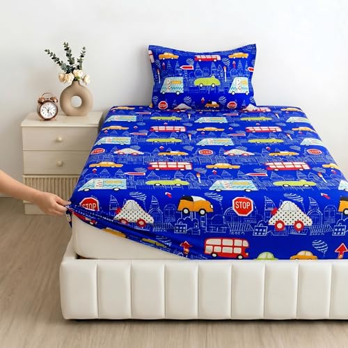 Image of Filymore Blue Car Design Elastic Fitted Bedsheet for Kids Room Single Bed 240 TC Soft Microfiber 2 Pieces 1 Bedsheet and 1 Pillow Cover Size 72x36 Inches Fit up to 6 Inches Mattress Blue and Red