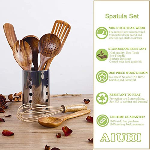 Kitchen Utenails Set With Holder,Kitchen Wooden Utensils For Cooking , Wood Utensil Natural Teak Wood Spoons For Cooking,Wooden Kitchen Utensil Set With Spatula And Ladle (11) #TOP3