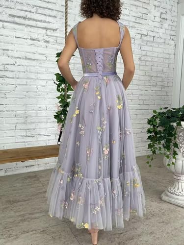 Flower Embroidery Prom Dresses Long Tulle Corset Spaghetti Straps A Line Fairy Ruched Formal Evening for Women3
