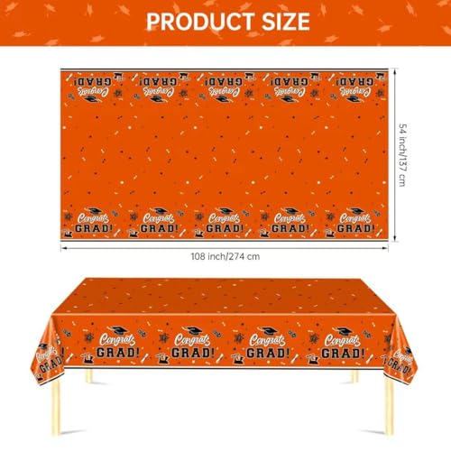 2 Pack Orange Graduation Tablecloth - Congrats Grad Table Cloths, Plastic Disposable Rectangle Class of 2026 Table Cover for Graduation Tables Decorations Party Decor Supplies Favors,108 x 54 Inch — view 3