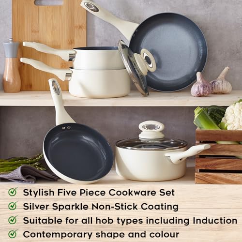 Cermalon Matt Cream 5-Piece Ceramic Cookware Collection - Featuring 2 Frying Pans and 3 Saucepans with Grey Sparkle Non-Stick Finish - Compatible with All Hob Types - PTFE and PFOA Free - Image 4