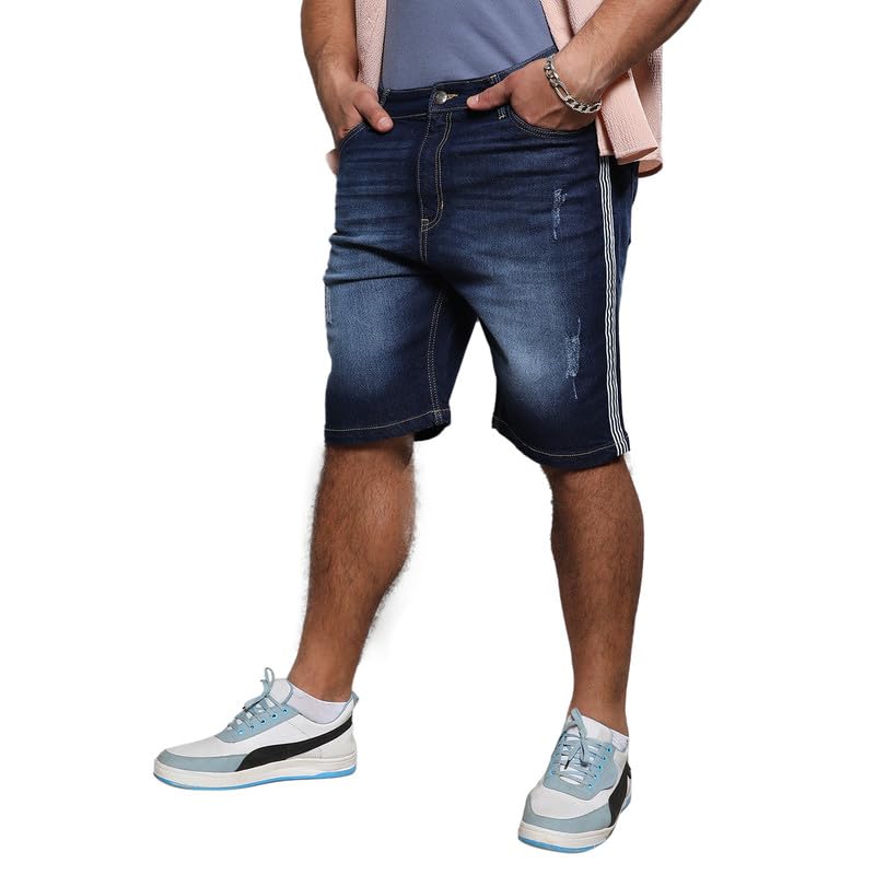 instafab Plus Men's Side-Striped Denim Shorts for Casual Wear | Dark-Wash | Plus-Size Fit | Button Closure | Denim Shorts Crafted with Comfort Fit for Everyday Wear-picture-30