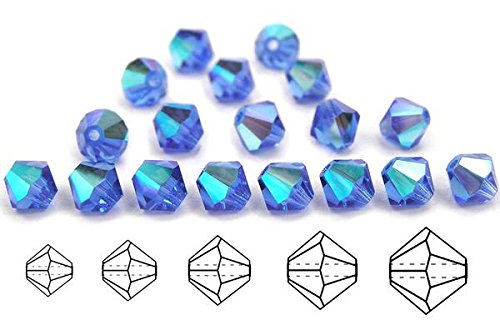 6mm Sapphire AB Coated, Czech MC Bicone Beads (Rondell, Diamond Shape Crystals), 1 Gross = 144 Pieces