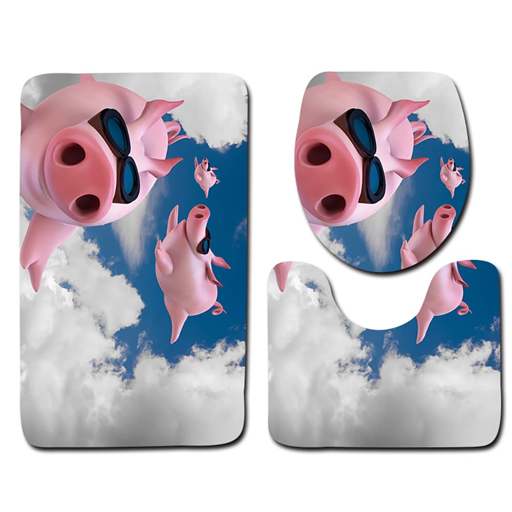 3 Piece Bath Rugs Sets Cute Pig Flying Blue Sky Non Slip Bathroom Carpet Flying Pig U-Shaped Toilet Mat, Toilet Lid Cover (Large)
