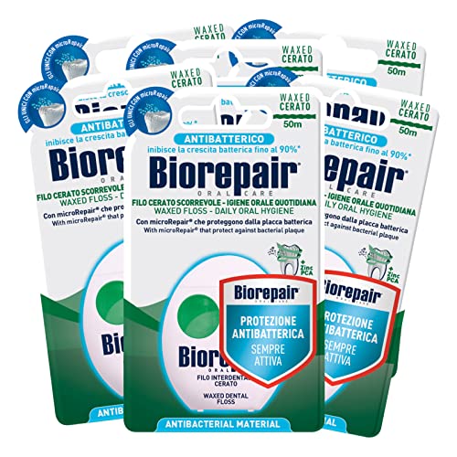 Biorepair - Hilo dental encerado deslizante para higiene diaria con antibacteriano, 6 paquetes de 50 metros cada una