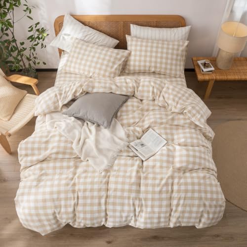 Image of BESTOUCH Gingham Cotton Duvet Cover Set Almond Grey Twin | Washed Cotton, Linen Feel, Soft Wrinkle Texture, Hidden Zipper, 8 Ties, Breathable Lightweight Durable Comfy, 2 Pcs No Insert