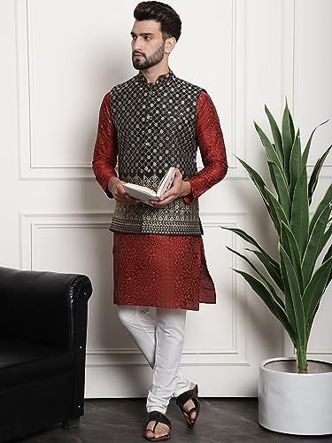 Image of Sojanya (Since 1958 Men'S Silk Blend Kurta Pyjama & Nehru Jacket Combo