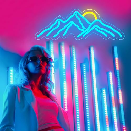 Image of Mountain Sunset Neon Signs for Room Decor LED Signs For Bedroom Wall Neon Lights for Home Party Wedding Christmas Decorations USB Powered(Ice Blue)