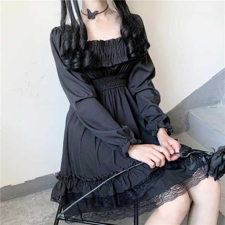 Robe Harajuku gothique à col carré en dentelle à volants - Robe Lolita noire Y2k - Robe de fête à manches longues