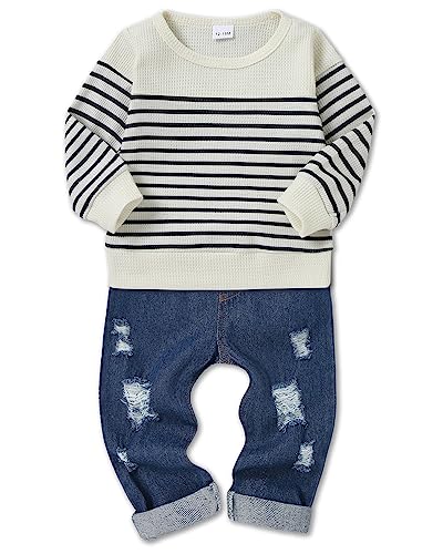 CARETOO Toddler Baby Boy Clothes Long Sleeve Sweatshirt Top Ripped Jeans Pants Set Infant Fall Winter Outfits 1-5T