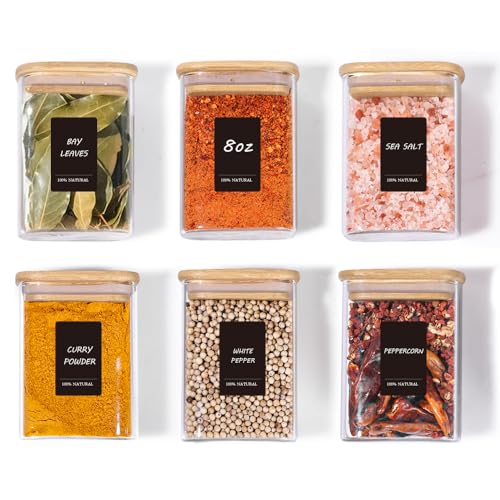 Comsaf Spice Jars with Label，8 oz Small Glass Jars with Lids, 6 Pcs Seasoning Containers, Rectangle Glass Containers with Lids, Empty Seasoning Jars for Pantry Storage, Loose Tea, Herbs, Powders, Salt by ComSaf - Used condition - Image 9