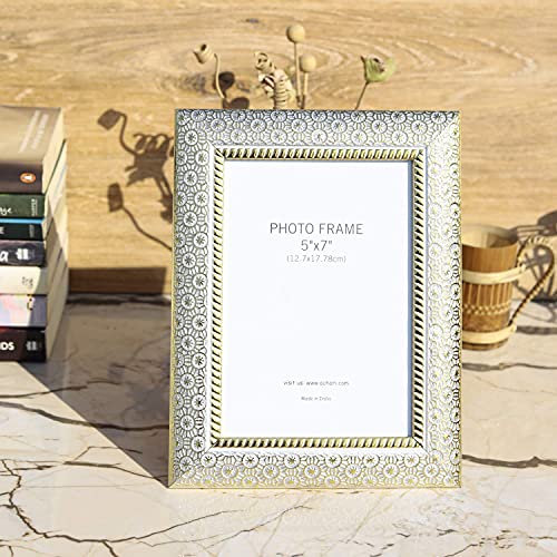 Image of Vintage Gulley 5x7 Inch Photo Frame, White Polystyrene (PS) Rectangular Tabletop Frame with Stand | Vertical Portrait Display | Lightweight Home & Office Decor
