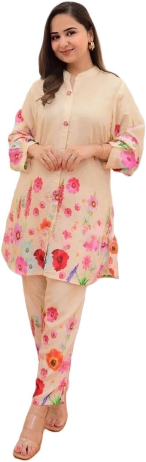 Rayon Floral Regular Fit Stylish Kurta Ethnic for 3/4 Sleeve Women Co-ord Set (GL-W1817_Cream_3XL)