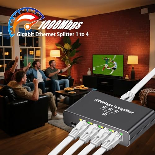 Image of Gigabit Ethernet Splitter 1 to 4-1000Mbps RJ45 Port Router Switch with USB-C Power, Plug & Play 1-in-4-Out LAN Adapter for Cat5 /5e /6 /7 /8 Cables, High Speed Network Switch for Desktop Printer Camera