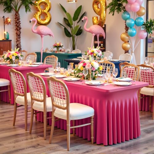 Image of Outpain 6ft Spandex Table Cloth for Standard Folding Tables-4Pack Hot Pink Table Cloth Table Protector for Party, Wedding, Cocktail, Banquet, Festival