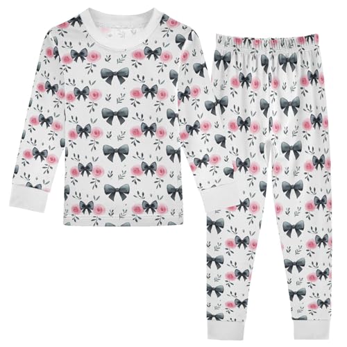 Cartoon Pajamas Set Pink Flower Black Bow Pattern Long Sleeve PJs Cotton Jammies Sleepwear Top and Pants