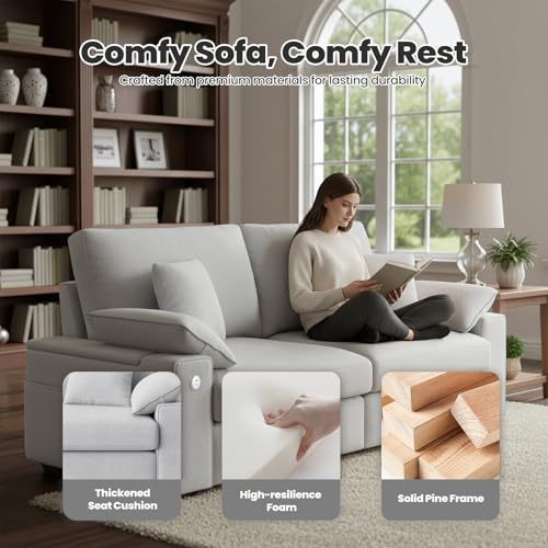 Image of 76 inch Modern Sofas for Living Room, Comfy Loveseat Sofa with Deep Seat Couch, USB /Type-C Port, Side Storage, Removable Cover, Small Couches for Living Room, Light Grey