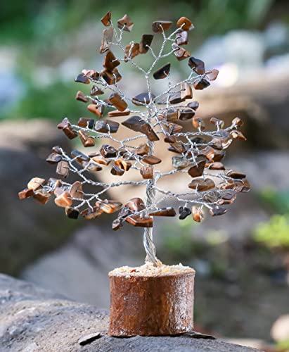 Image of ZAICUS Tiger Eye Stone Tree of Life Feng Shui Bonsai Silver Wire