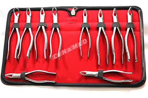 New German Stainless 10 Pcs Dental Extraction Extracting Forceps Include NO150 151 23 150A 151A 150AS 150XAS 150S 151S 23S with Zipper Pouch CYNAMED
