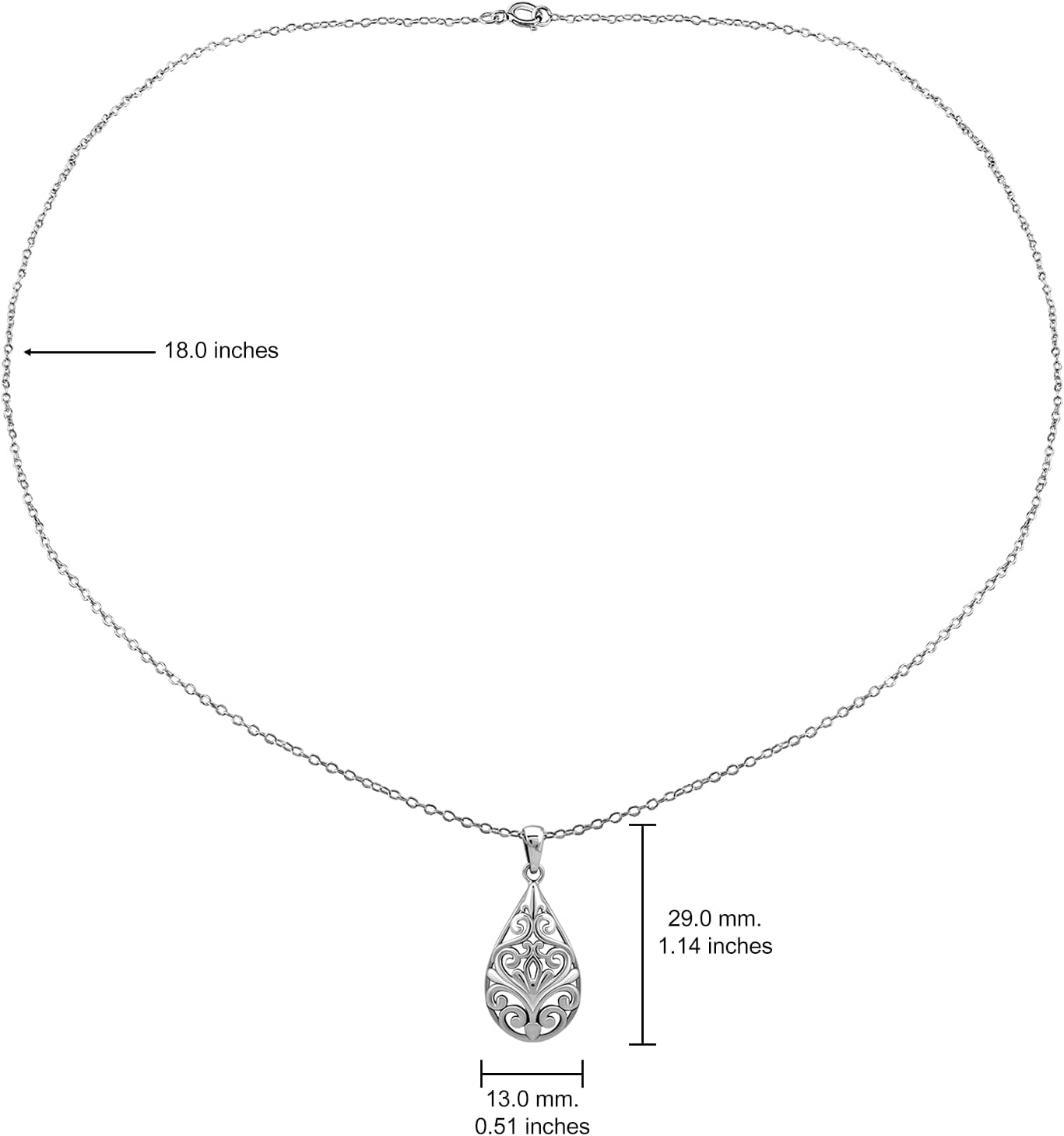 Hoops & Loops Sterling Silver Pear Shape Filigree Swirl Polished Necklace - Image 6