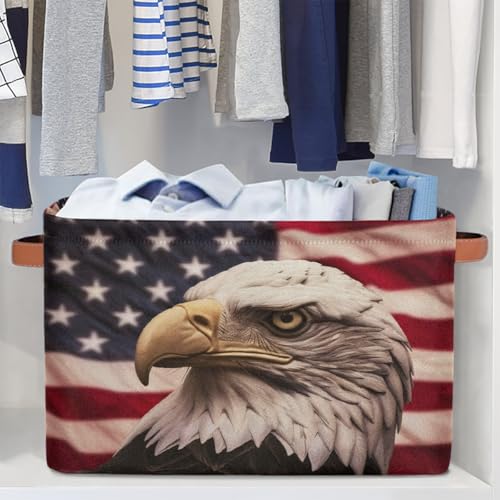 Image of Retro American Flag Storage Baskets for Organizing, Fabric Collapsible Storage Bins Box Bald Eagle Decorative Toy Organizer Baskets for Closet Shelves Gift Basket 2Pcs