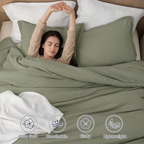 Image of PHF Cotton Muslin Comforter Set King - 100% Cotton Cover, Ultra Soft & Breathable, 3PCS Lightweight All-Season Bedding with Polyester Fill, 1 Comforter 104 inchx90 inch & 2 Pillow Shams 20 inchx36 inch, Dusty Sage