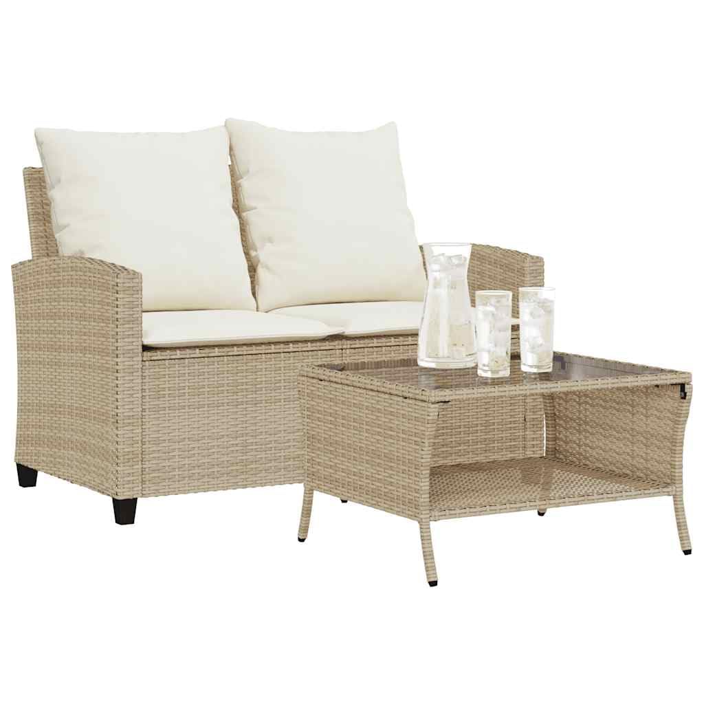 vidaXL Divano Giardino 2 Posti con Cuscini e Tavolo Beige Polyrattan, Divano da Esterno, divanetto da Giardino, Divano da Giardino a Due posti