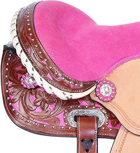 Ali Leather Store Western Leather Barrel Racing Trail Horse Saddle Tack With Matching Headstall, Breast Collar And Reins. Size 10" - 18" Inches Seat. (10" Inches Seat, Pink) #TOP3