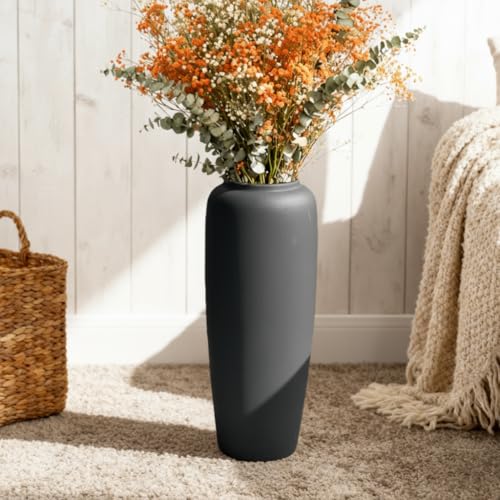JIDOFUE Jarrón de suelo boho de cerámica negra, 50 cm, estilo rústico vintage, ideal para hierba de Pampas, flores secas o como decoración, perfecto para salón, estantes o entrada.