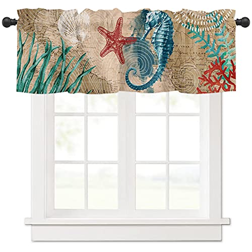 Seahorse Ocean Valances For Windows Nautical Ocean Animal Vintage Kitchen Valances Rod Pocket Curtain Washable Small Window Treatment For Bathroom/Living Room/Bedroom/Home Decor 54X18In #TOP4