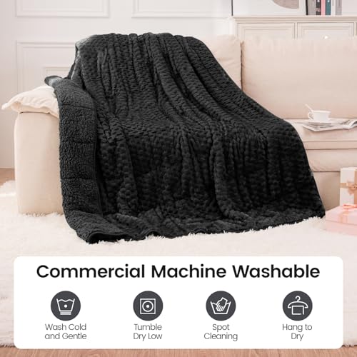Image of Super Fuzzy Soft Fleece Sherpa Weighted Blanket 20 lbs for Adults, 3D Imitation Turtle Shell Luxury Weighted Throw for Better Sleep, Dual Sided Cozy Heavy Blankets for Couch Bed, Black, 60 inch x 80 inch