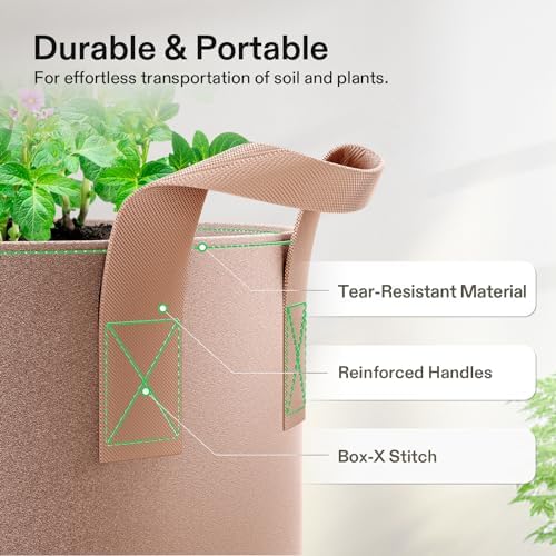 VIVOSUN 5-Pack 1 Gallons Grow Bags Heavy Duty Thickened Nonwoven Fabric Pots with Strap Handles Tan - View 8
