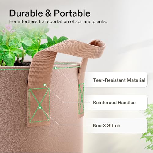 VIVOSUN 5-Pack 1 Gallon Grow Bags Heavy Duty 300G Thickened Nonwoven Plant Fabric Pots with Handles Tan by VIVOSUN - Image 6