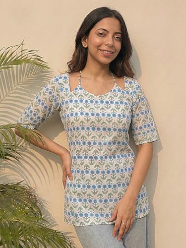 Image of ANNI Designer Women's Viscose Blend Printed Short Kurti | Straight Fit Casual Ethnic Top | Square Neck 3 /4 Sleeve Kurta Office College
