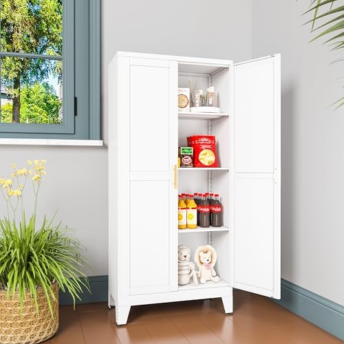 GAIOUS Metal Pantry Cabinet, Kitchen Pantry Storage Cabinets with 2 Door and 3 Adjustable Shelves, White Kitchen Pantry Cabinet, Freestanding Cupboard for Dining Room Living Room Bathroom — view 4