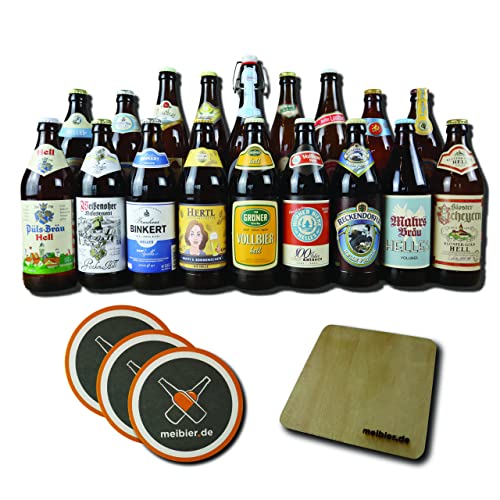 meibier© Helle Biere - Bier Box aus Franken, 18x0,5 Liter fränkisches Bier + Holz Untersetzer + 3x Bierfilz, tolles Bier Geschenk, Bierbox, Bierpaket