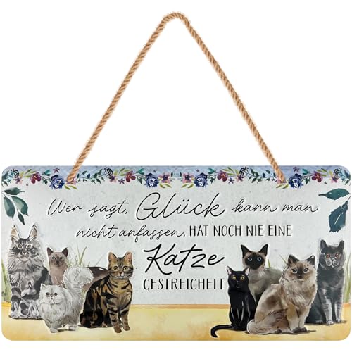 LANOLU retro Blechschild Katze Schild lustige Retro Deko Vorsicht Katze Schild für Wohnung Küche Flur Geschenk für Katzenliebhaber Katzenmama mit Jutekordel 16x32 cm