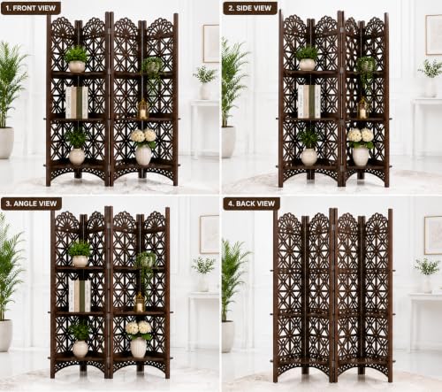 Image of Wooden Partition Divider for Living Room, Partition Wall, Privacy Divider, Freestanding Folding Panels (6 feet 5 Panel with Shelf) (6 Feet 4 Panel with 3 Shelf Brown)